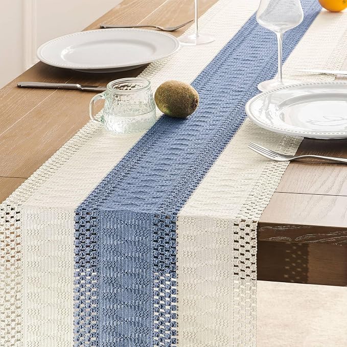 ZeeMart Macrame Style Bicolor Stitching Table Runner, 14 x 48 Inch Blue/Ivory, Boho Blue Table Runners 48 Inches Long, Farmhouse Woven Home Decor