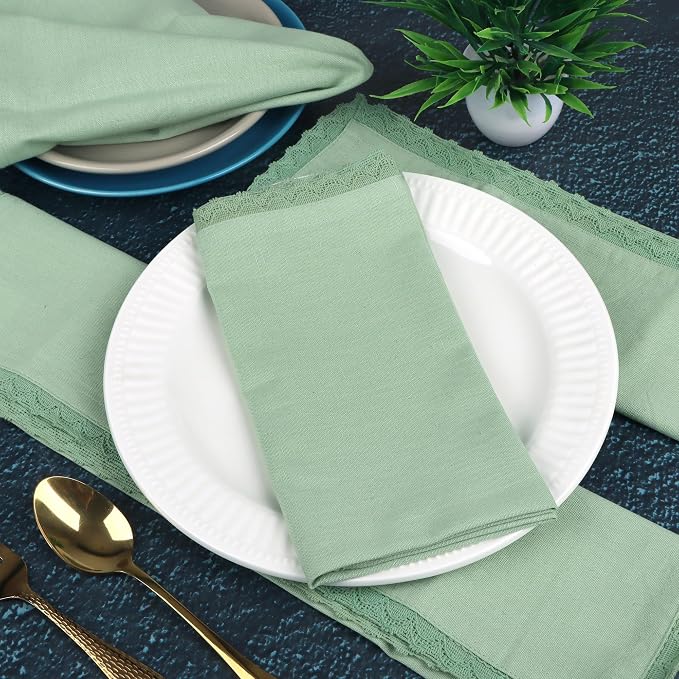 NATURALCRAFT Cloth Napkins Set of 12 Cotton Linen 12 Pack Premium Quality Soft Durable Washabale Napkin with Elegant Lace Ideal for Wedding, Spring, Easter, Parties, Lace White (sage, 18 x 18 inch)