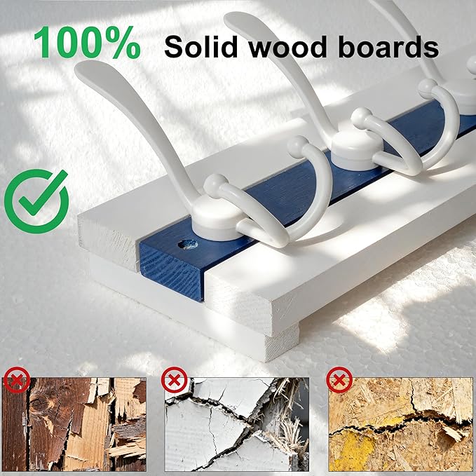 SKOLOO Coastal Coat Rack Wall Mount-38-1/8 Beach House Entryway Wooden Coat Hook with 10 Hooks for Hanging Coats, Hats or Towels, Oceanfront Cottage Core Collection, White & Blue, Pack of 2