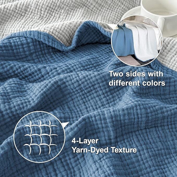 Simple&Opulence 100% Cotton Muslin Blanket Queen Size, Lightweight Breathable 4 Layering Gauze Blanket for Bed Couch Camping, Soft Bedspread Coverlet All-Season Use (Dusty Blue, 88" x 92")