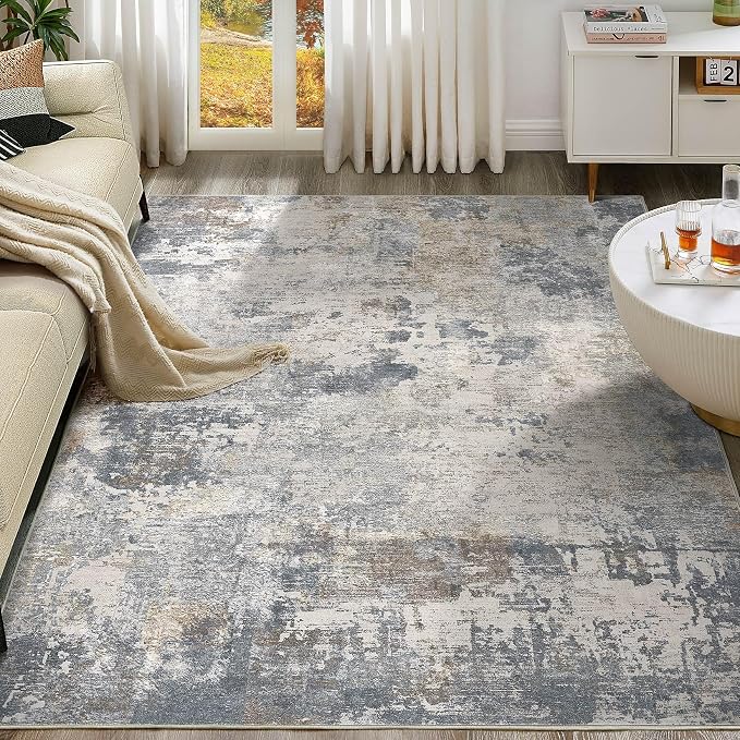 UERMEI 9x12 Area Rug Living Room Rugs - Washable Neutral Modern Abstract Soft Thin Large Rug Indoor Floor No Slip Rug Carpet for Bedroom Under Dining Table Home Office Decor - Blue Grey