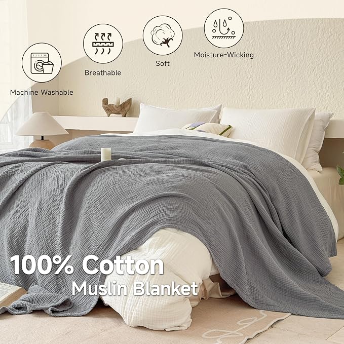 Simple&Opulence 100% Cotton Muslin Blanket King Size, Lightweight Breathable 4 Layering Gauze Blanket for Bed Couch Camping, Soft Bedspread Coverlet All-Season Use (Grey, 104" x 92")