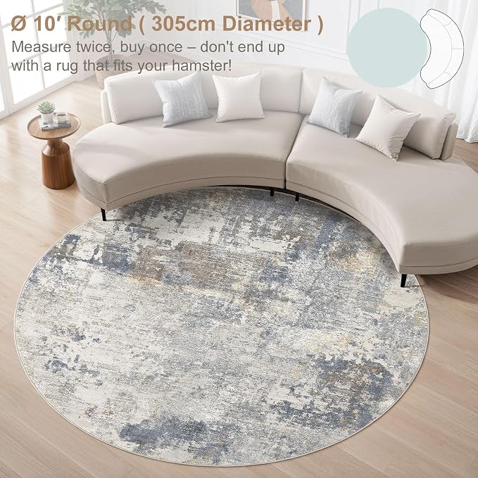 UERMEI 10ft Round Area Rug Living Room Rugs - 10x10 Washable Large Neutral Modern Abstract Soft Thin Rug Indoor Floor No Slip Rug Carpet for Bedroom Under Dining Table Home Office Decor - Blue Grey