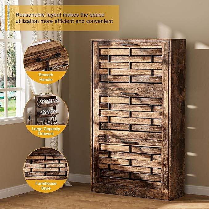 White Shoe Cabinet Storage with 6 Flip Drawers for Entryway, Slim Shoe Rack Cabinet with Woven Design Drawers, Narrow Shoe Organizer for Hallway, Apartment (Rustic Brown, 6 Drawers)