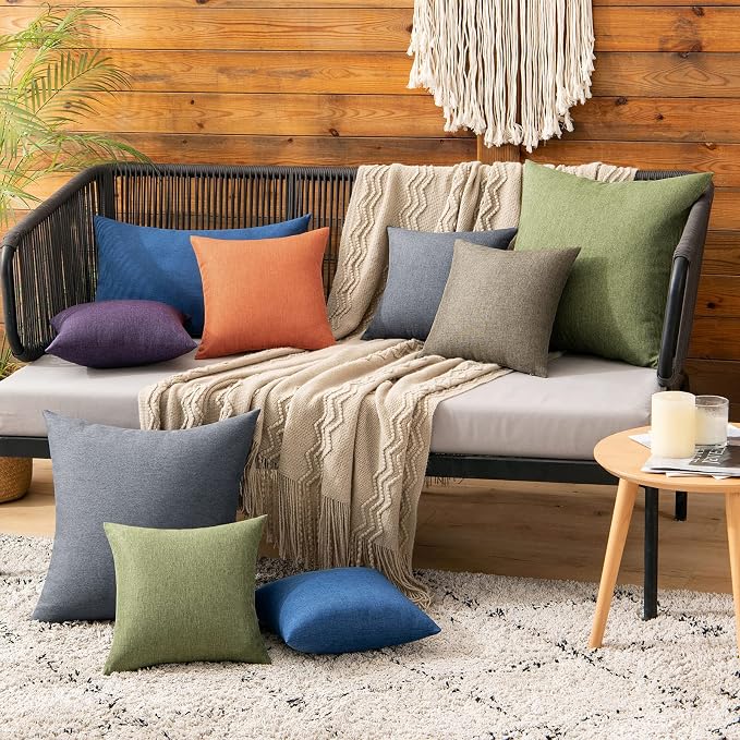 MIULEE Pack of 2 Decorative Outdoor Solid Waterproof Throw Pillow Covers Faux Linen Garden Farmhouse Cushion Cases for Patio Tent Balcony Couch Sofa 12x12 Inch Dark Green