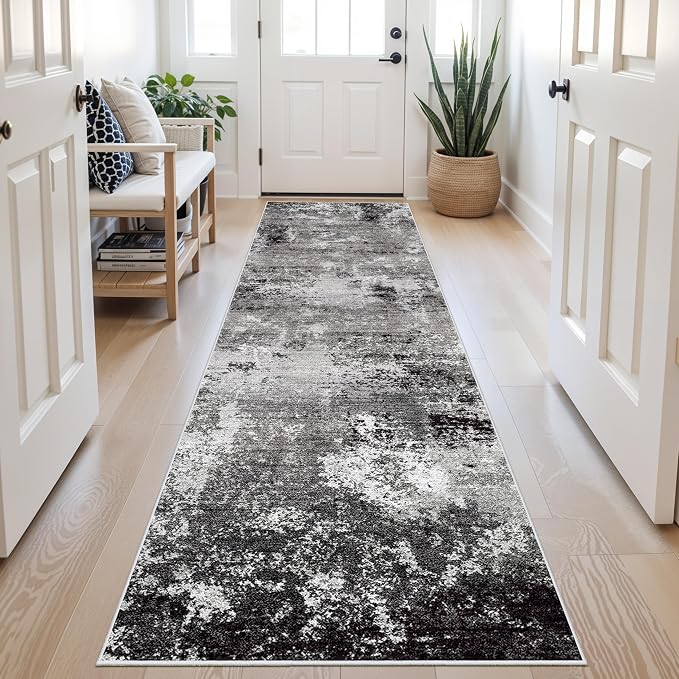 3x8 Washable Hallway Runner Non-Slip Abstract Modern Neutral Wide Carpet Runner for Kitchen Floor, Entryway, Bedroom, Living Room Soft Low-Pile Thin Rubber Backing (Black Grey, 3x8)