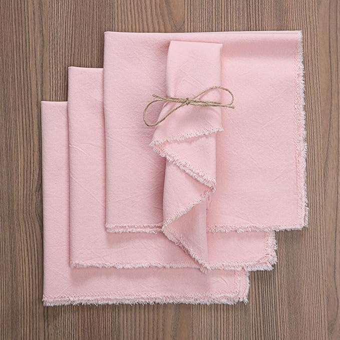 Palisa Premium Cotton Dinner Napkins Set of 12 | Pink Frayed Edge Rustic Farmhouse Table Linen | Soft Washable Long Lasting Durable Cloth Serviettes for Wedding Dining Decor 18x18 Inch