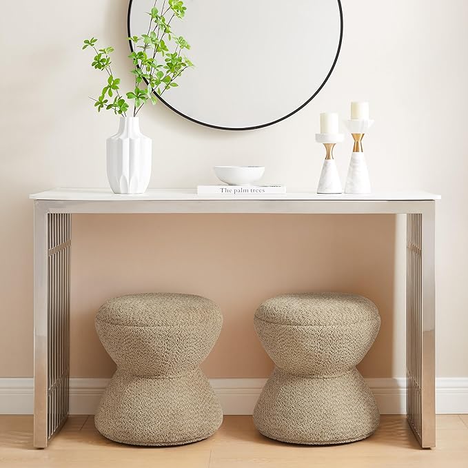 VANOMi Multi-Functional Boucle Ottoman, Set of 2, Vanity Stool Chair, Sturdy Rotating Wooden Footstool, Suitable for Living Room, Bedroom, and Entryway, Without Installation, Swivel, Camel