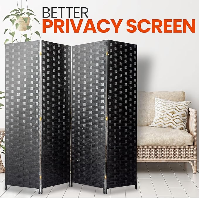 SereneLife 4-Panel Folding Room Divider, Woven Fiber Privacy Screen, Portable Partition for Room Separation, Lightweight Decorative Screen for Living Room, Office, Porch, and Dressing Area, 71” x 18”