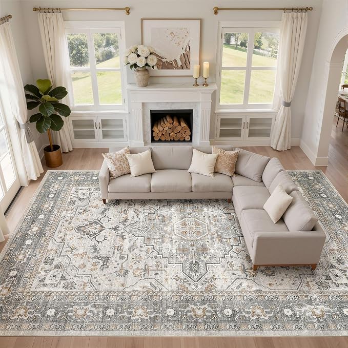 10x14 Area Rugs Living Room: Washable Boho Large Neutral Vintage Soft Rug Stain Resistant Distressed Farmhouse Non-Slip Indoor Floor Carpet for Bedroom Nursery Kids Office Dining Room- Taupe