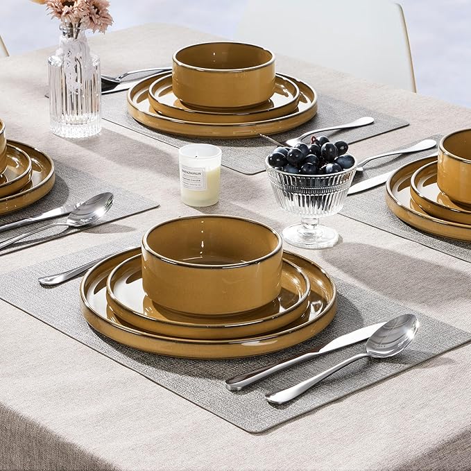 Herogo 24 Pieces Stoneware Dinnerware Set for 8, Ceramic Dinner Dishware Sets for Home Kitchen, Plates and Bowls with Rustic Terracotta Bottom, Dishwasher & Microwave Safe, Earthen Brown