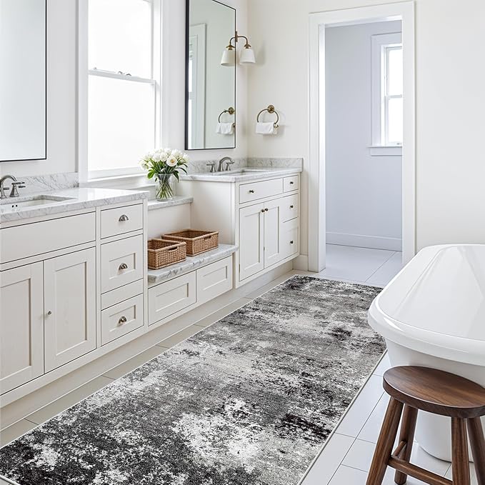 3x12 ft Long Hallway Runner Rug Non-Slip Washable Carpet Runner for Kitchen Entryway Bathroom Modern Abstract Neutral Low-Pile Thin Stain-Resistant Black Grey