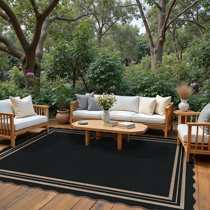Scalloped Easy Jute Outdoor 8x10 Area Rug, Washable Outdoor Patio Rug, Farmhouse Indoor Black Geometric Rug Neutral Non Slip Carpet for Living Room Backyard Home Decor