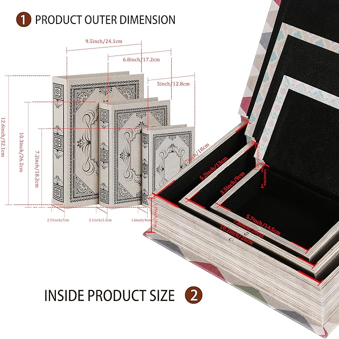 Decorative Wooden Book Box Set of 3 - Vintage Faux Book Boxes for Home Decor, Secret Storage with Magnetic Closure, Antique Style, Linen Cover Design, Perfect for Home Office Bookshelf