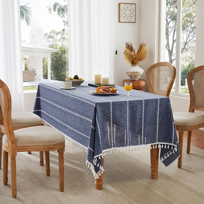 ZeeMart Hemstitched Embroidery Striped Boho Tablecloth 60x60 Inch Navy Blue, Heavy Weight Farmhouse Burlap Linen Navy Tablecloth, Wrinkle Resistant Washable Table Cloth for Square Table