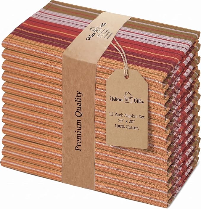 Urban Villa Cloth Napkins 100% Cotton Highly Absorbent Washable Reusable Premium Dinner Napkins Ideal for Gifts for Mothers Day Hotel Farmhouse - Harvest Multi Dobby Stripes (20" x 20", Set of 12)
