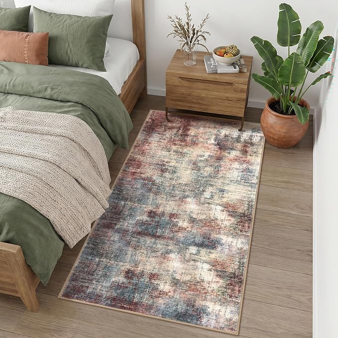 IOHOUZE Abstract Runner Rug 3x6 Ft Washable Runners for Hallways, Non Slip Kitchen Runner Printed Faux Wool Entryway Runner Indoor, Modern Abstract Floor Carpet for Hall Kitchen Bedroom, Red/Multi