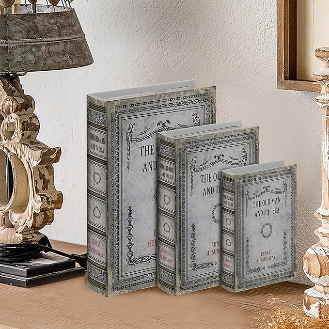 Vintage Faux Leather Decorative Book Box Set of 3 – Wooden Secret Storage Box with Magnetic Closure, Hidden Organizer for Bookshelf, Desk, or Office Decor (The Old Man and The Sea)