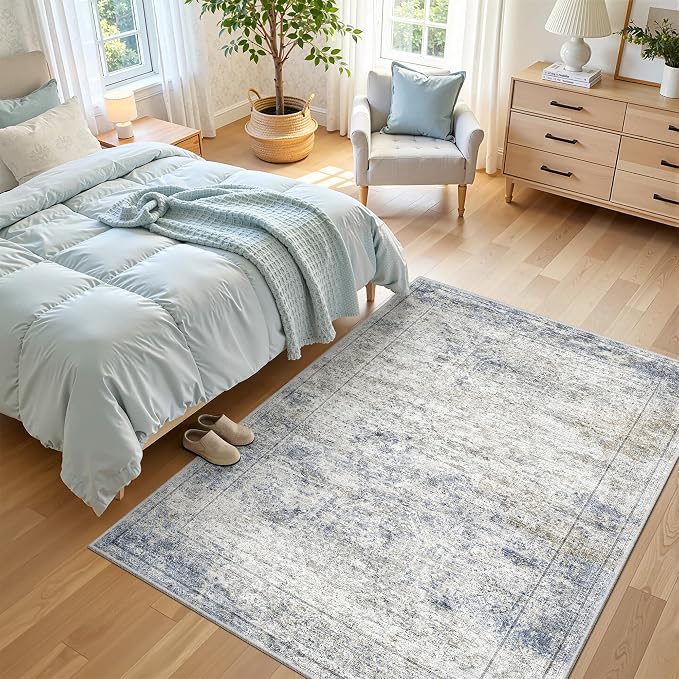 4x6 Area Rugs for Living Room, Non-Slip Backing Small Kids Rugs for Bedroom, Vintage Floral Rug Home Decor, Low Pile Soft Washable Rug for Kitchen, Dining Room (4'x6',Blue/Brown/Ivory)