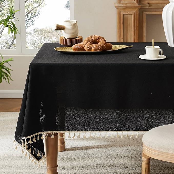 Linen Tablecloth with Tassels, Farmhouse Style Black Tablecloth, Water Resistant Burlap Tablecloths for Rectangle Table, 60x120 Inch Black