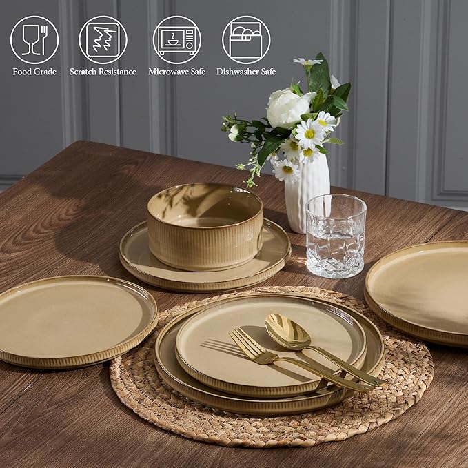 E-far 12-Piece Plates and Bowls Sets, Stoneware Dinnerware Dishes Sets for 4, Kitchen Modern Dining Dishware, Chip & Scratch Resistant, Microwave & Dishwasher Safe, Caramel Khaki