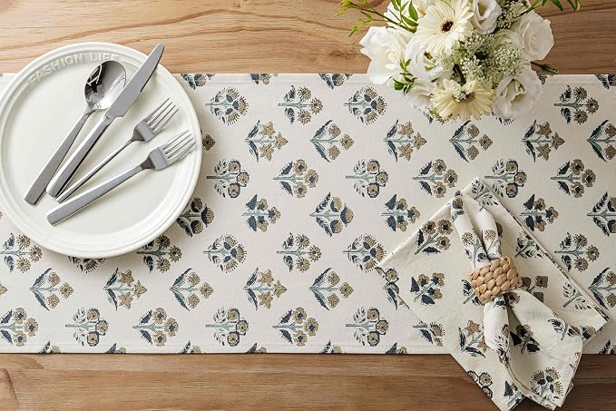 100% Cotton Block Print Floral Table Runners, 13x36 Inch Latte Farmhouse Table Runners 36 Inches Long Boho Flowers Home Decors