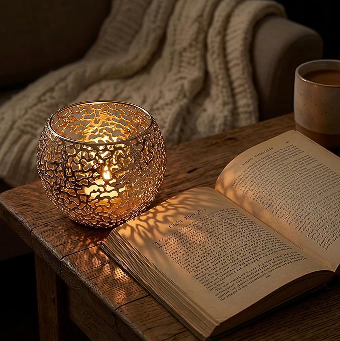 Metal Cut-Out Tealight Candle Holders Set of 2 – Geometric Lanterns for Table Centerpiece & Bathroom Spa – Shatterproof Holiday Decor, Winter Wedding (Gold*2)