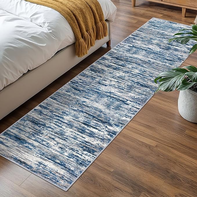 SIILOOM 2x7 Modern Abstract Runner Rug for Hallways, Navy Blue Gray Neutral Multi Super Soft Hallway Decor Kitchen Rugs with Non-Slip, Non-Shedding Washable Rug for Hallways Entryway Bedroom Indoor