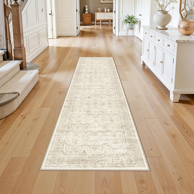 2x8 Runner Rug Washable Hallway: Non Slip Kitchen Runners with Rubber Backing Boho Cream Vintage Farmhouse Neutral Soft Carpet for Bathroom Bedroom Entryway (Beige/Ivory 2x8 ft)