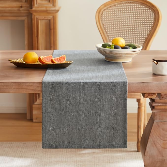ZeeMart Rustic Cotton Linen Table Runner, 13x90 Inches Dark Grey, Farmhouse Style Dark Grey Table Runners 90 Inches Long, Washable Kitchen Dining Table Decoration for Home Party Decor