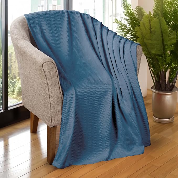 Superior Metro All-Season Cotton Blanket, Woven Blanket for Couch, Bed, Bedding, Farmhouse, Home Essentials, Cute and Cozy Bohemian Blankets, Herringbone Weave, California King, Denim Blue