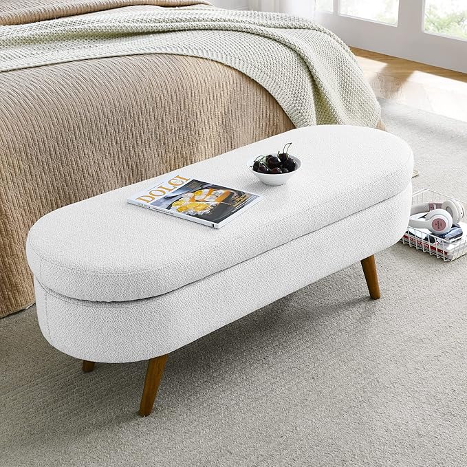 Linen Upholstered Storage Ottoman,Entryway Bench with Safety Hinges and Rubber Wood Legs, Oval Footstool for Living Room,End of Bed,White