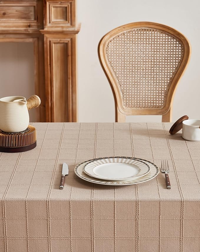 ZeeMart Linen Checked Table Cloth 52x70 Inches (Fit 3ft-4ft, Narrow Fit for 5ft Rectangle Table), Farmhouse Style Plaid Embroidered Water Resistant Table Cover, Taupe