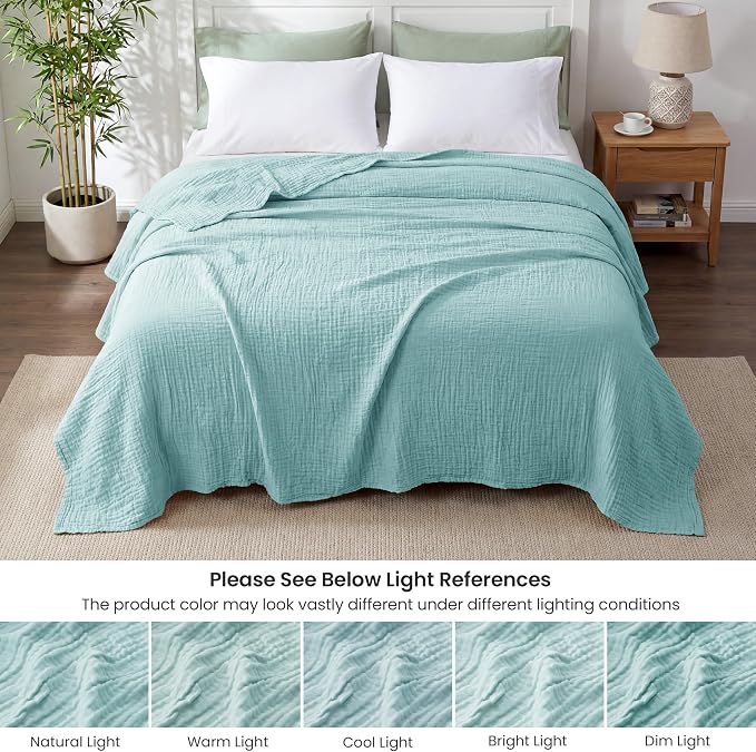 Love's cabin Cooling Muslin Blanket Queen Size, 50% Rayon Derived from Bamboo, 50% Cotton, 4-Layer Lightweight Breathable Summer Gauze Blanket for Bed, Soft for Hot Sleepers and Kids, 90"x90", Cyan