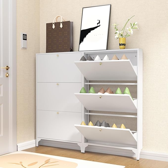 Shoe Storage Cabinet for Entryway with 3 Flip Drawers, Freestanding Shoe Organizer with Legs,Farmhouse Narrow Shoe Storage Cabinet for Entryway, Foyer,Living Room (3-Drawers, White)