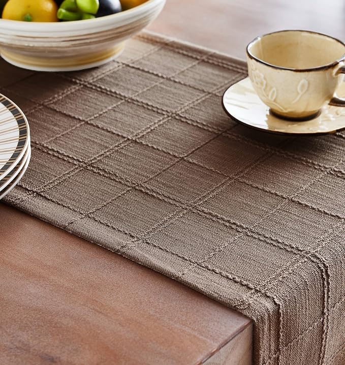 ZeeMart Linen Checked Farmhouse Table Runner, 13x108 Inches Cocoa Brown | Raised Grid Design, Rich Woven Texture, Linen Blend Table Runners 108 Inches Long, Machine Washable, Boho Home Kitchen Decor