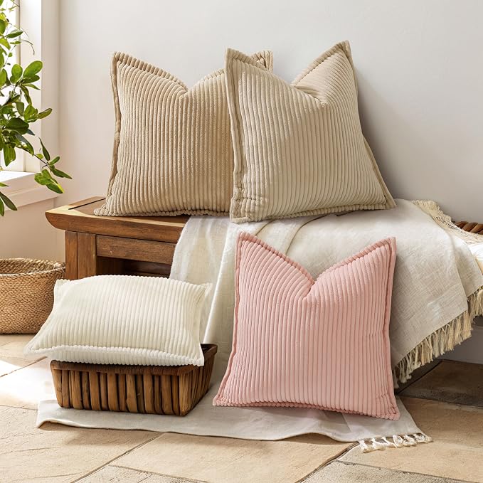 decorUhome Summer Corduroy Beige Euro Sham Throw Pillow Covers 22x22 Set of 2 Decorative Soft Boho Farmhouse Couch Pillow Covers for Living Room Bed Sofa Broadside Striped Pillow Cases