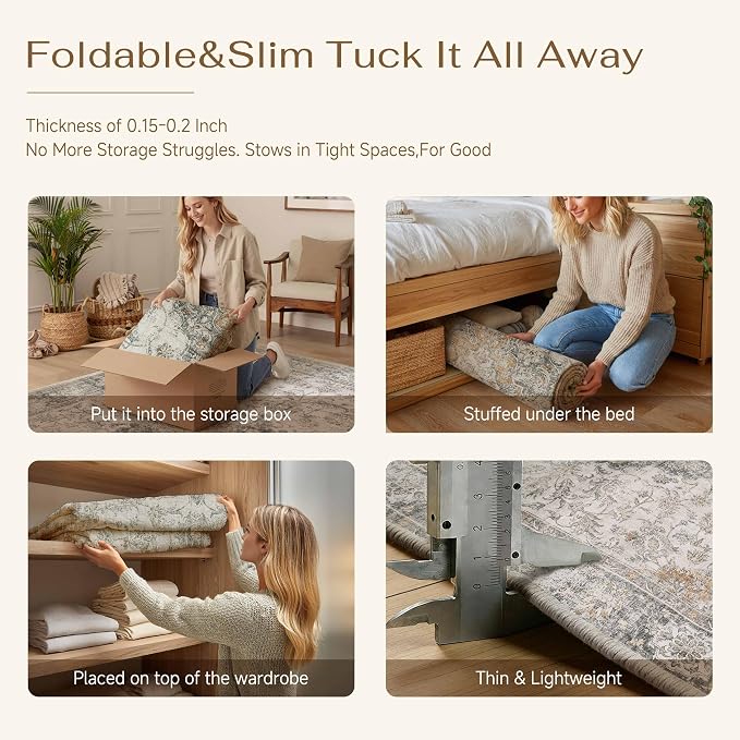 HUGEAR 2x3 Entryway Area Rug Retro Taupe Green Small Rug Machine Washable Door Mat Vintage Floral Low Pile Carpet Distressed Throw Rug Entrance Kitchen Bathroom Office Non Slip Soft Lightweight