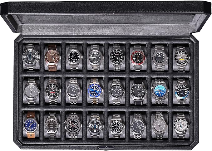 ROTHWELL 24 Slot Watch Case with Lock – Luxury Watch Box to Display and Organize Your Collection | Real Glass Top | Premium Storage for Collectors (Black/Grey)