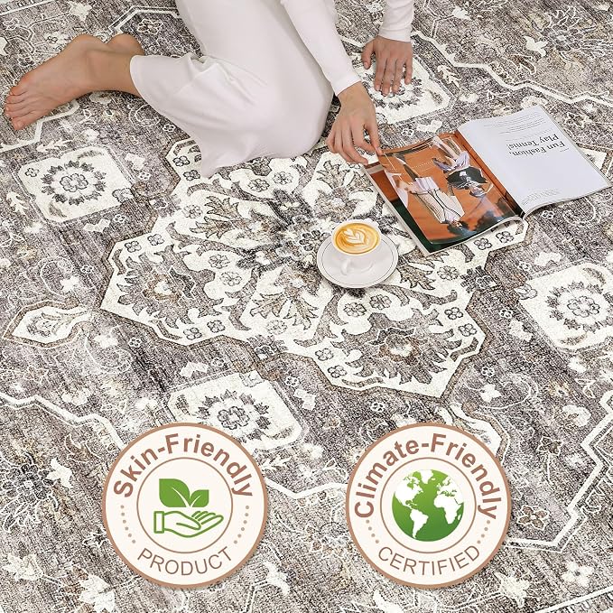 10x14 Area Rugs Living Room: Washable Boho Large Neutral Vintage Soft Rug Stain Resistant Farmhouse Non-Slip Indoor Rustic Floor Carpet for Bedroom Nursery Kids Playroom Office Dining Room- Dark Brown