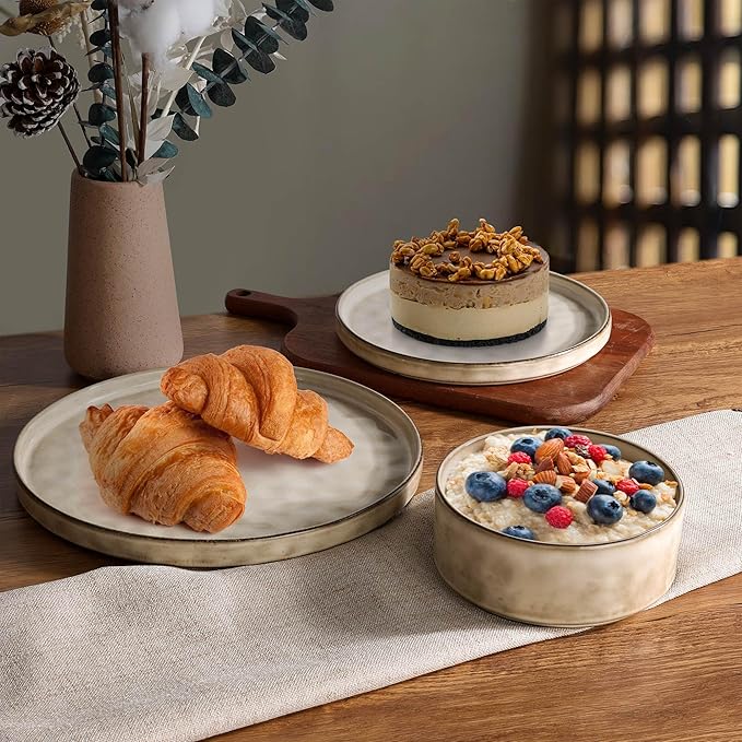 LIANYU Stoneware Dinnerware Set, 6 Piece Plates and Bowls Sets for 2, Ceramic Dish Set Includes Dinner Salad Plates, Cereal Bowls, Microwave & Dishwasher Safe, Sandy Beige