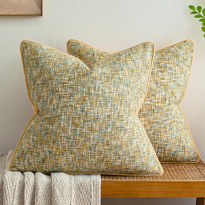 a moment Yellow Reversible Pillow Covers 2 Pack - Farmhouse Chenille Velvet Throw Pillows, Neutral Textured Decorative Throw Pillow Covers with Border for Couch Sofa Bed (24x24 Inch, No Insert)