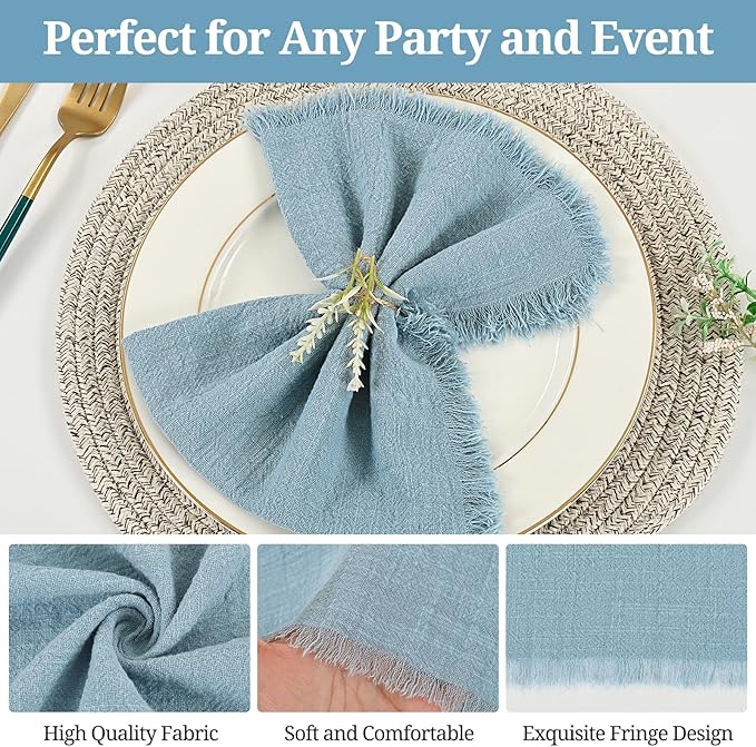 36 Pack Dusty Blue Handmade Cloth Napkins 12 x 12 Inch Cotton Linen Napkins with Fringe, Washable and Reusable Napkins, Soft Rustic Boho Fringe Cloth Napkins for Dinners,Parties, Wedding