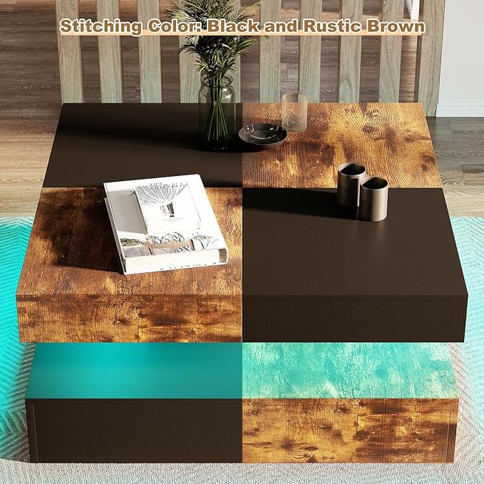 HedoAjim LED Coffee Table for Living Room, Living Room Table 2-Tier Square Middle Center, Modern Coffee Tables with Storage, Contemporary Wood Tea Table for Dining Reception, Rustic Brown
