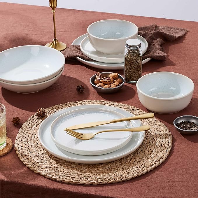 LIANYU Stoneware Dinnerware Sets for 8, 24 Piece Ceramic Plates and Bowls Set for 8, Kitchen Dishes Set, Modern Dinning Ware Dishware Set, Dishwasher and Microwave Safe Dinner Salad Plates, Dusk White