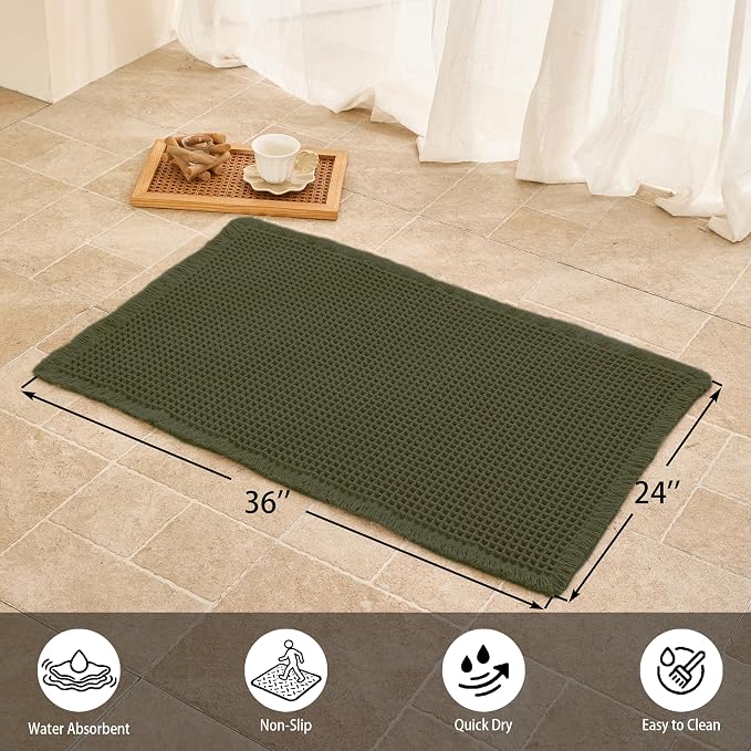 Waffle Bath Mat Non Slip, Boho Bathroom Rug, Super Absorbent Quick Dry Bathroom Mat, Soft Farmhouse Bath Rug with Tassels, Small Washable Shower Mats for Floor 24"x36", Olive Green
