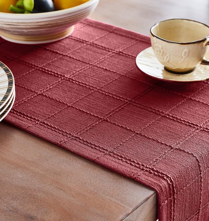 ZeeMart Linen Checked Farmhouse Table Runner, 13x60 Inches Burgundy | Raised Grid Design, Rich Woven Texture, Linen Blend Table Runners 60 Inches Long, Machine Washable, Boho Home Kitchen Decor