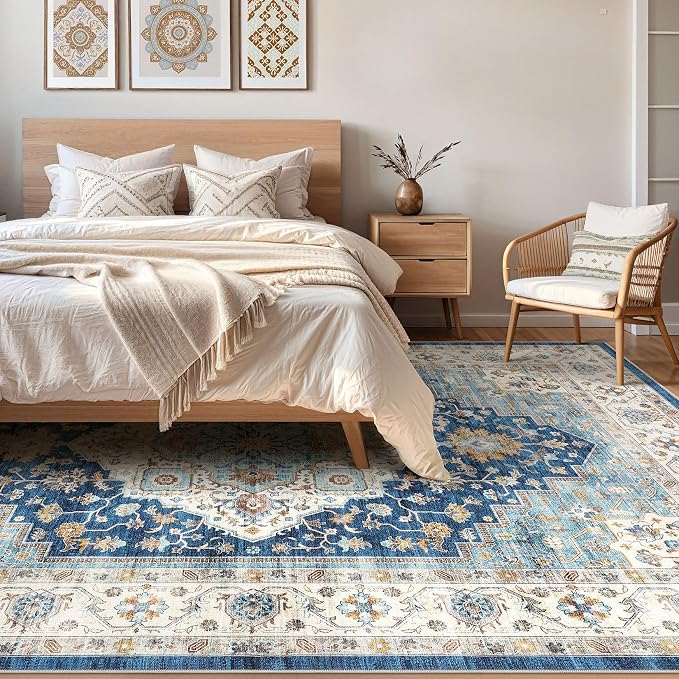 7x10 Area Rug Living Room: Washable Boho Large Neutral Vintage Soft Rugs Stain Resistant Farmhouse Non-Slip Indoor Floor Retro Carpet for Bedroom Nursery Kids Office Dining Room- Navy Beige