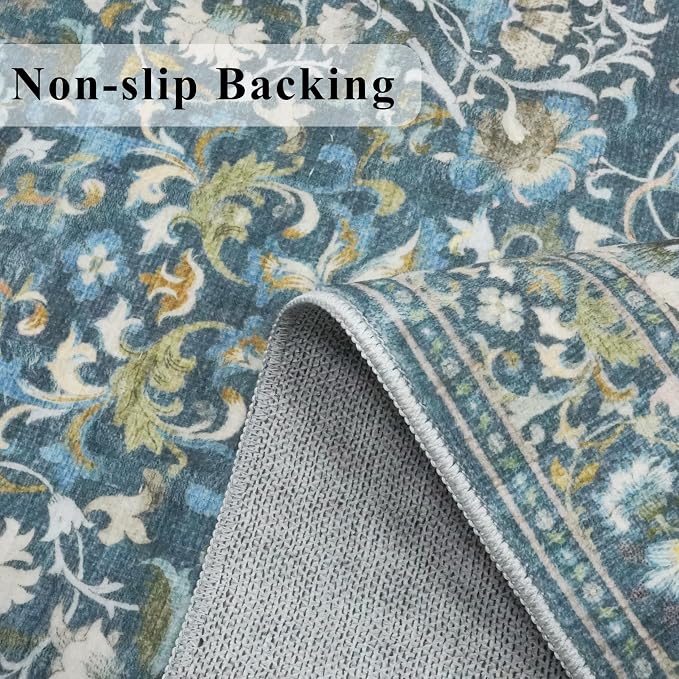 Washable 2x4 Entryway Area Rugs: Anti-Slip Thin Kitchen Carpet Indoor Light-Weight Doormat Ultra Soft Low Pile Nursery Room Rug Vintage Small Floor Mat for Hardwood Bedroom (2x4,Floral/Blue)