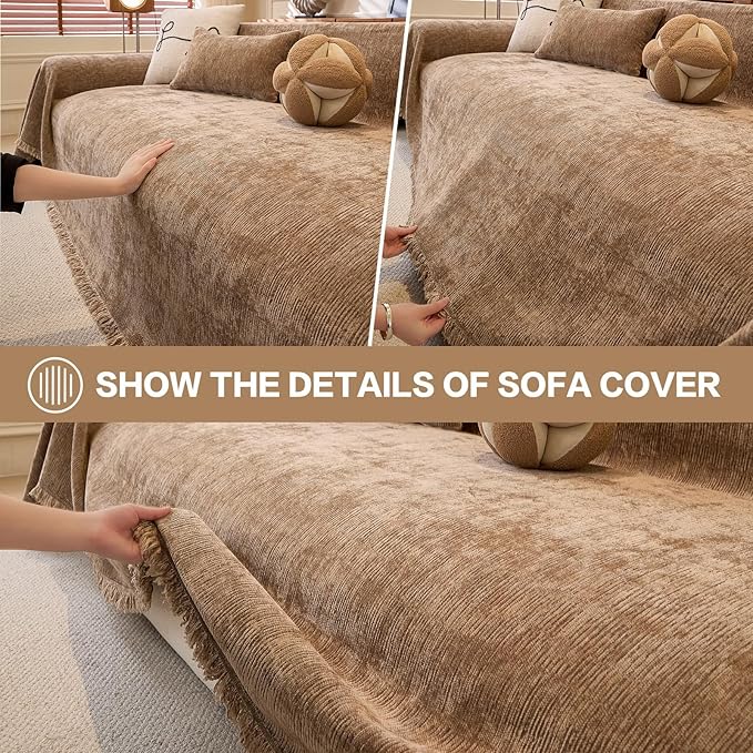 DREAMINGO Chenille Sofa Cover Washable Pet Couch Protector Cover Textured Couch Cover Blanket for Living Room Modern Minimalist 3-Seater Sofa Slipcover, Mocha Brown, X-Large 71"x134"
